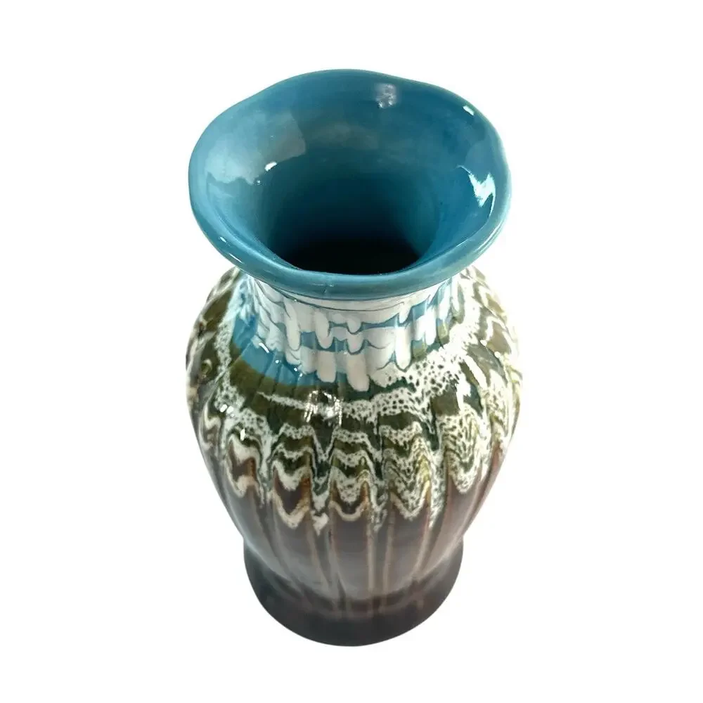 Vintage Art Pottery Vase Brown Turquoise Drip Glaze Fluted Ribbed 5.25”